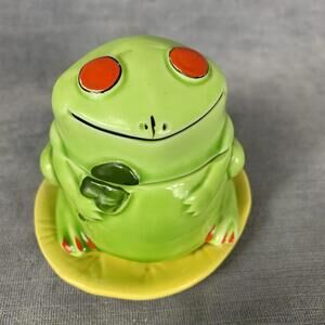 Vtg Frog Green Sugar / Jelly Bowl With Lily Pad Made in Japan Defect